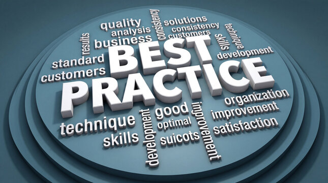 Best practice word cloud centered on a layered target for business standards