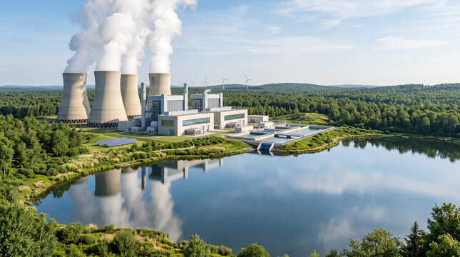 Energy production site in a green landscape under blue sky, representing infrastructure, technology, and sustainable development.