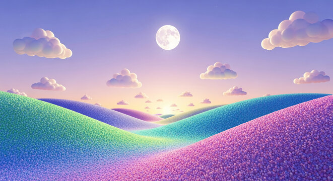 Dreamy landscape of rolling hills in vibrant colors under a twilight sky with a full moon and fluffy clouds, representing fantasy and wonder