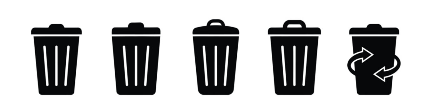 et of black trash can and recycle bin icons in flat silhouette style, five delete and garbage symbols including recycling arrows, vector icon collection for waste, deletion and web interface designs