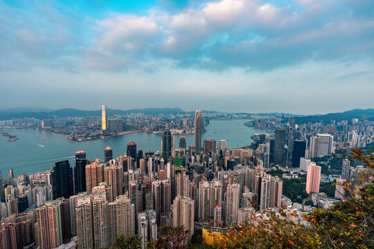 Blue hour image of Hong Kong central district view from Victoria peak