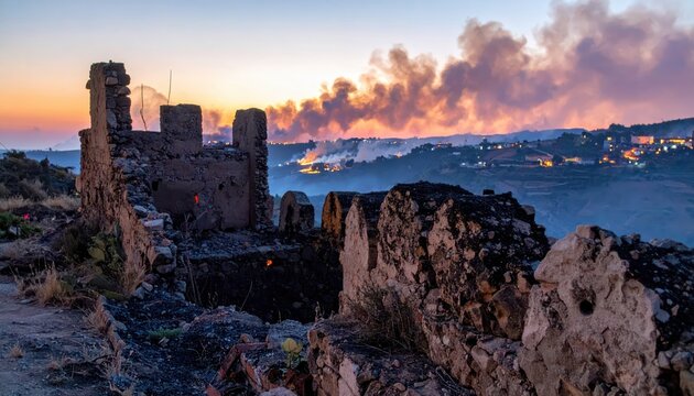 Ruins at Dusk with Smoke and Village Lights, Reflecting Environmental Crisis and History
