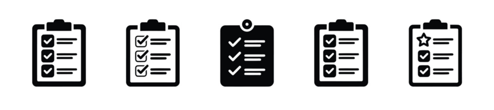 Checklist clipboard flat icon set with checkmarks, alert notification and star rating, black glyph symbols on white background, task list and to-do management vector icons collection