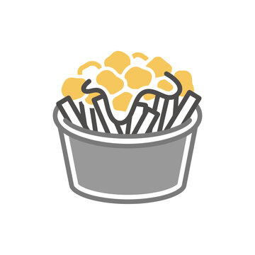 Stylized poutine bowl with fries and cheese curds icon.