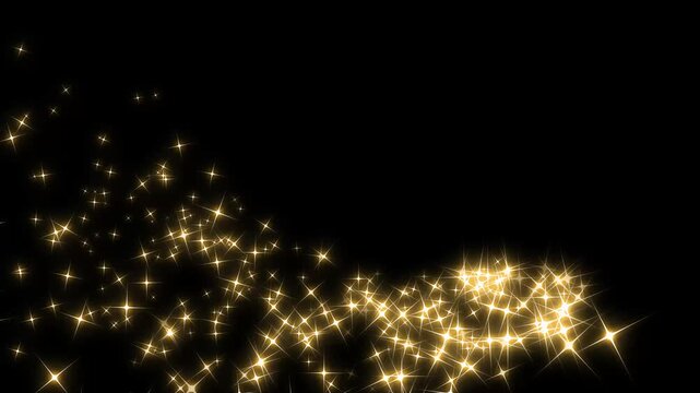 Glowing star trail loop with gold glistering stardust sparkle path and dynamic twinkling particle burst overlay effect for fantasy christmas night sky, video on black screen. 4k overlay