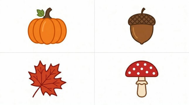 Illustration of autumn elements: pumpkin, acorn, maple leaf, and mushroom
