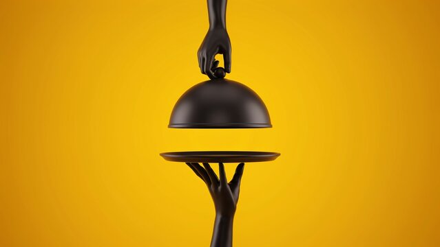 Black hands holding a serving tray with a dome lid on yellow background