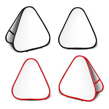 Blank white triangle double-sided fabric display stand. Half turned, front view. Easy editable vector mockup. Black, red color floor A-frame portable sign. Realistic mock-up. Template for design