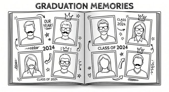 Graduation yearbook template with hand-drawn doodles and playful pen scribbles on class portraits.