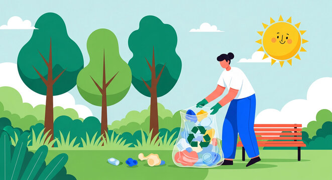 A person cleans a park by collecting trash in a bag, symbolizing environmental responsibility and sustainability, set against a sunny day.