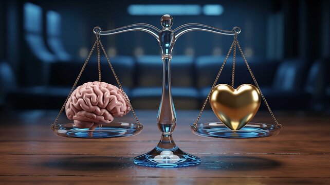 Human brain and golden heart resting on glass justice scales sitting upon wooden table in cinematic dark blurred professional office