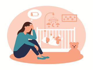Exhausted Mother in Nursery with Low Battery Icon