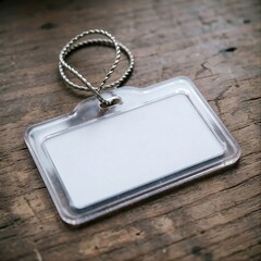 Obraz premium Clear Plastic Luggage Name Tag with Blank Card and Metal Wire on Wood – 4K Customizable Travel Identifier