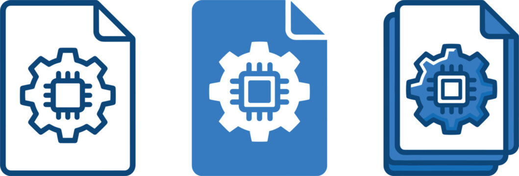 Smart document processing, artificial intelligence file, microchip gear, and technology blue vector icon set design.