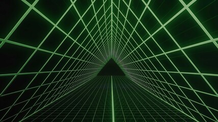 Obraz premium Glowing green triangular tunnel featuring a structured digital grid perspective inside a dark mysterious abstract technological 3d environment space scene