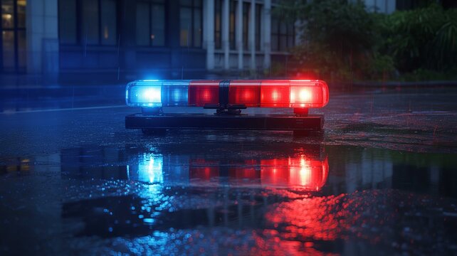 Bright red and blue emergency police light bar glowing intensely on a dark rainy asphalt street during a stormy night