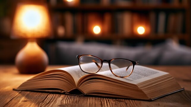 Warm lamp glows softly beside open book