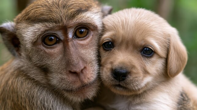 Cute monkey and puppy sit close together