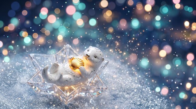 雪の上で仰向けになり光る球体を抱く可愛いラッコの置物 光の粒子と玉ボケが輝くクリスマス背景 16:9横型イラスト