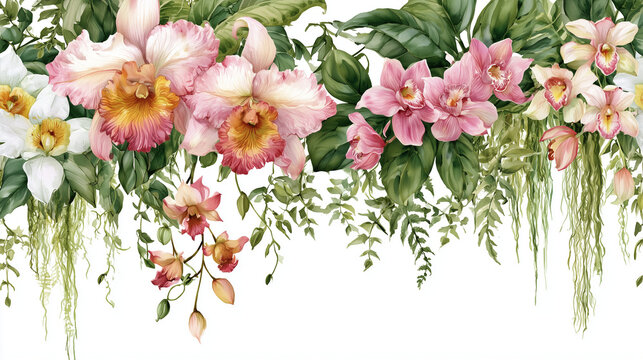 Elegant tropical orchid floral border with pink and white cattleya flowers, lush green leaves, and hanging ferns on a clean white background, perfect for wedding invitations, banners, and decor.