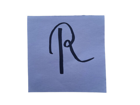 Black cursive letter r handwritten in ink on a light blue paper square , isolated.keywords