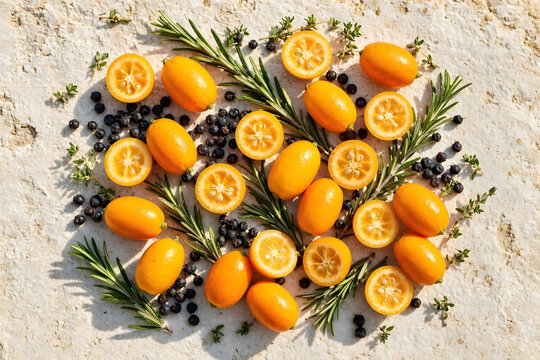 kumquat e bacche di ginepro su pietra calcarea bianca