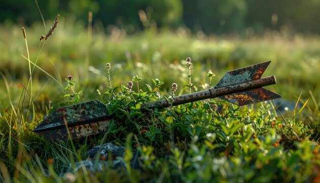 Rusty ancient arrow resting in lush green grass with bokeh background, historical artifact