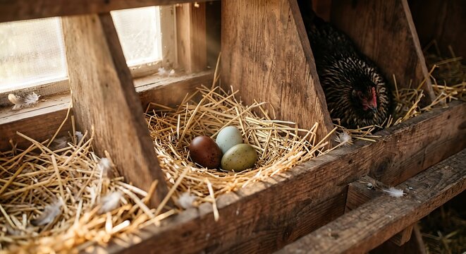 Hen sitting on straw nest with fresh colorful eggs in wooden coop. Farm animal laying egg in nesting box. Organic poultry farming, food production and rural village life concept.