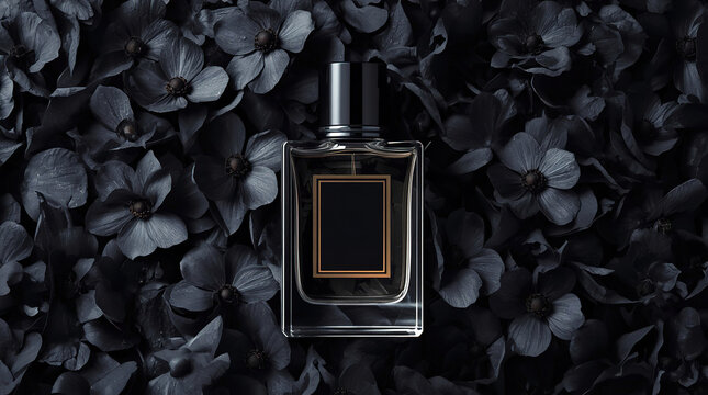 Elegant luxury perfume bottle with black floral background