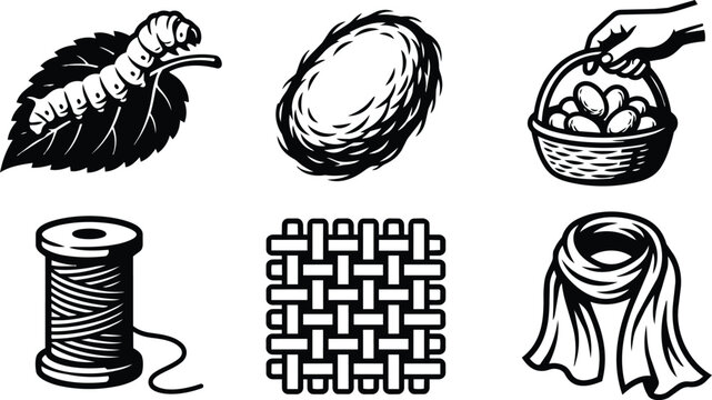 Six black and white vector icons of leaf with caterpillar walnut egg basket thread lattice scarf