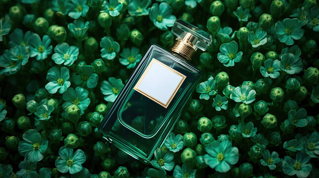 Elegant green perfume bottle with floral backdrop in luxury fragrance photography