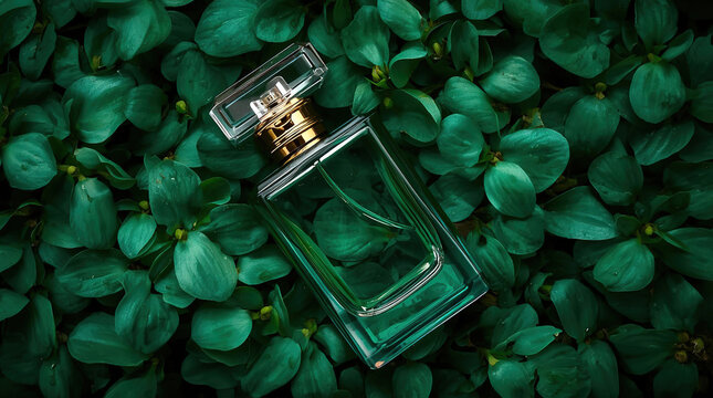 Elegant green perfume bottle with luxurious gold cap nestled among vibrant, leafy foliage for luxury fragrance branding and product display