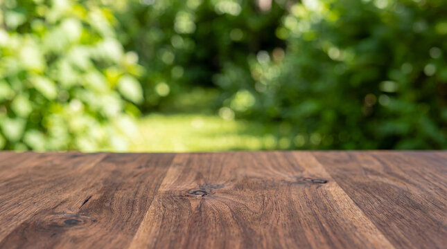 Wooden Tabletop with Blurred Green Garden Background