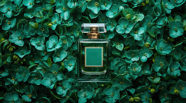 luxury perfume bottle with green floral background for premium fragrance advertising and product showcase