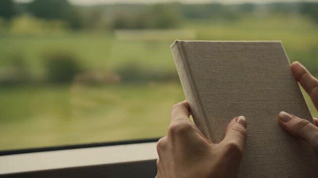 Hands hold a minimalist fabric notebook against a moving train window, revealing a lush green countryside passing by. A serene moment of travel and quiet reflection.