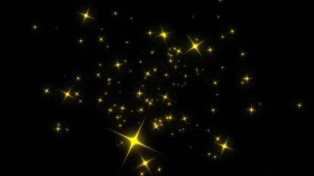 Luxury glistering starburst spark trail and fairy lightning sparkle path gold with glowing magic stardust effect for night sky motion graphics asset, background on black screen.4k loop