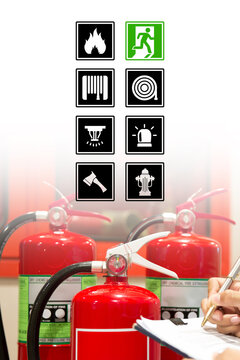 Fire extinguisher with prevent icons for protection or prepare fire equipment for prevention in emergency case and safety or rescue and alarm system training concept.