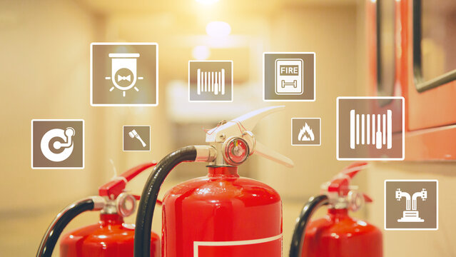 Fire extinguisher with prevent icons for protection or prepare fire equipment for prevention in emergency case and safety or rescue and alarm system training concept.
