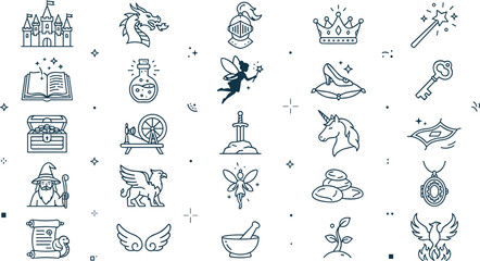 Fantasy fairytale storytelling and medieval mythology line icon set with dragon, castle, wizard, magic wand, unicorn, phoenix, and sword symbols for gaming books. © MdJalal