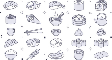 Japanese cuisine and sushi restaurant menu linear icon set with nigiri, maki rolls, ramen noodle bowl, dim sum dumplings, teapot, and chopsticks symbols. © MdJalal