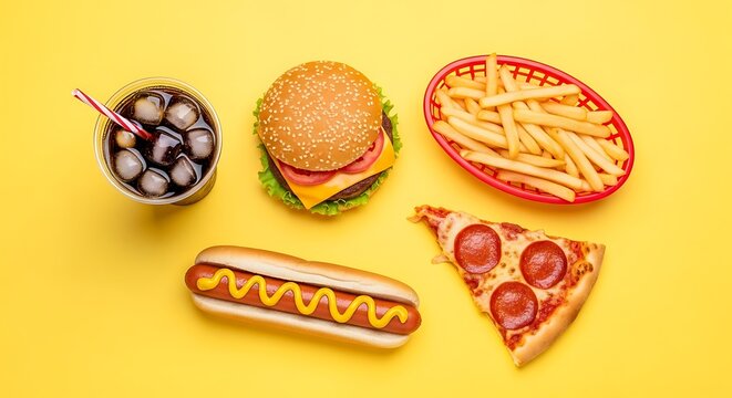 Top view of fast food meal including burger, fries, hot dog, pizza slice, and soda