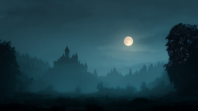 Mysterious castle silhouetted against a full moon in a dark forest landscape