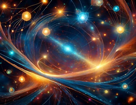 surreal cosmic vista where glittering distant galaxies merge seamlessly with glowing atomic nuclei and electron clouds showing unity micro digital stars