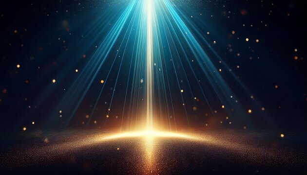 a dramatic single bright spotlight beam shines through a dark empty space illuminating tiny floating dust particles in the sharp rays design texture void