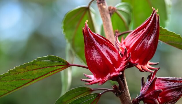 vibrant red roselle hibiscus calyxes grow on a woody stem with lush green leaves showcasing natural beauty and fresh herbal botanical detail close up biology tea