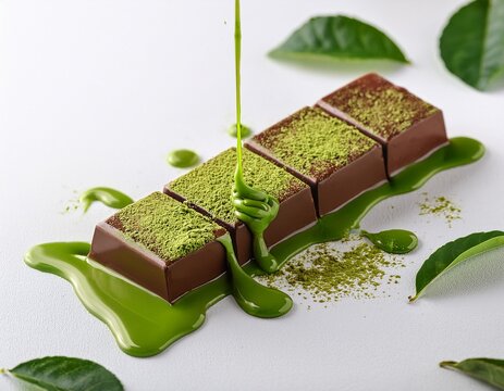 chocolate matcha dessert bar with rich syrup splash and green leaves on white