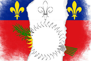 Torn Paper Overlay Revealing a Vibrant Guadeloupe Flag Design with Fleur de lis, Sun, Palm Fronds, and Sketched Elements © Mulkan