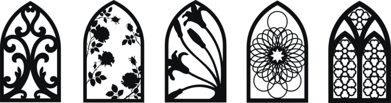 Gothic arched window silhouette icon set with vintage floral rose patterns, cathedral stained glass geometry, and decorative filigree panels for laser cutting designs.