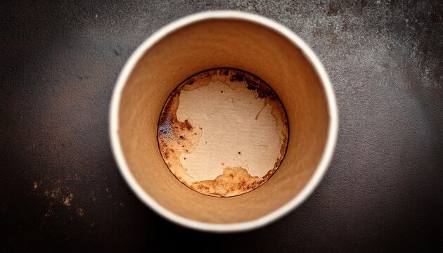 top view of an empty disposable paper coffee cup with brown stains and dried caffeine residue on the inside walls isolated on a textured dark background after finishing a hot beverage drink