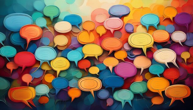 a colorful background of overlapping speech bubbles representing communication and conversation